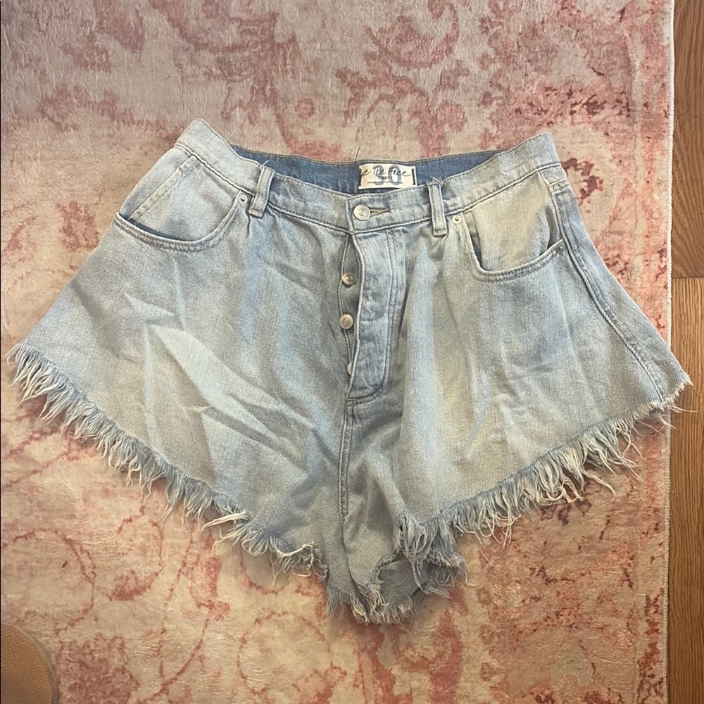 We The Free Blue Distressed Jean Shorts High-Waisted Wide Leg